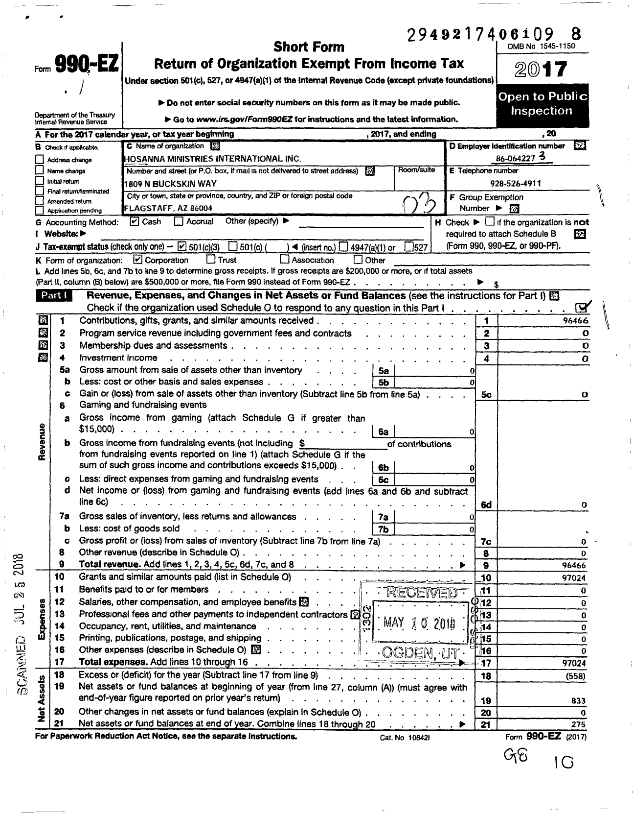 Image of first page of 2017 Form 990EZ for Hosanna Ministries International