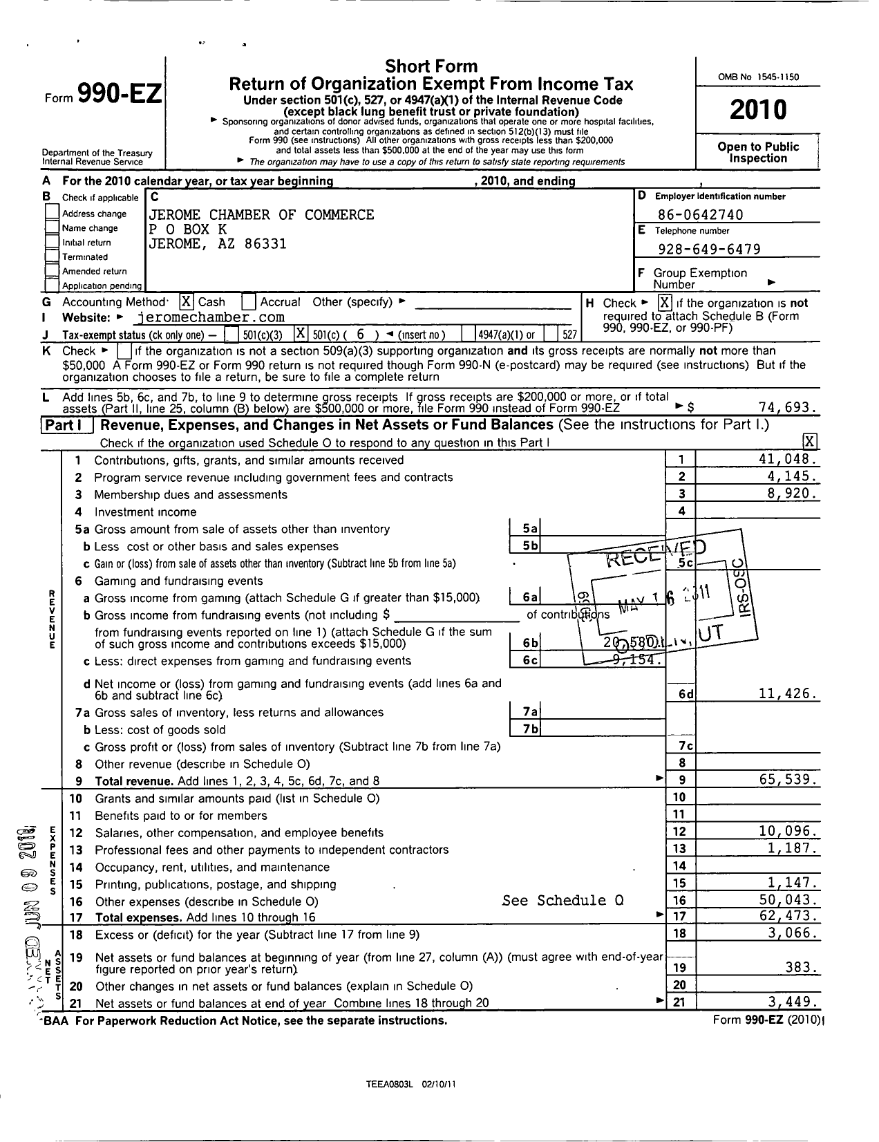 Image of first page of 2010 Form 990EO for Jerome Chamber of Commerce