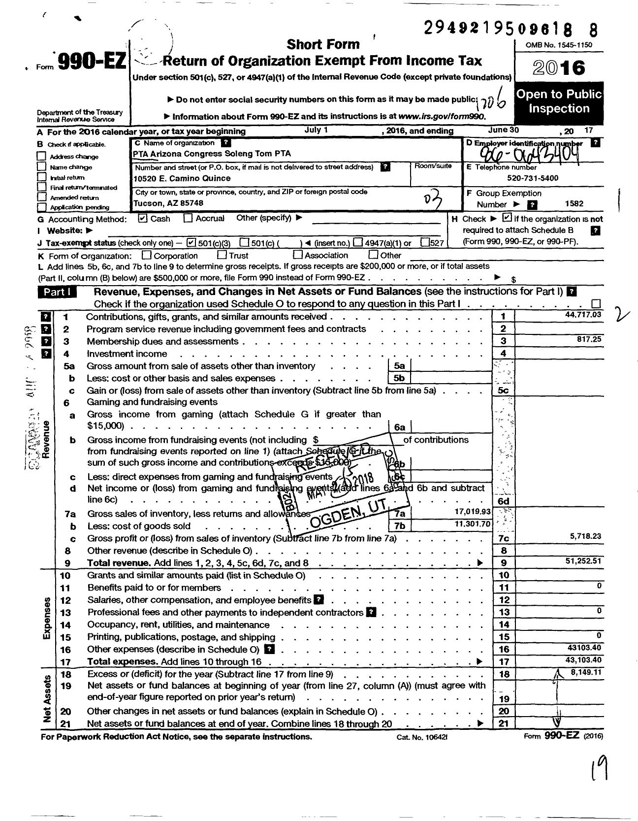 Image of first page of 2016 Form 990EZ for PTA AriZONA CONGRESS of Parents and Teachers / Soleng Tom PTA