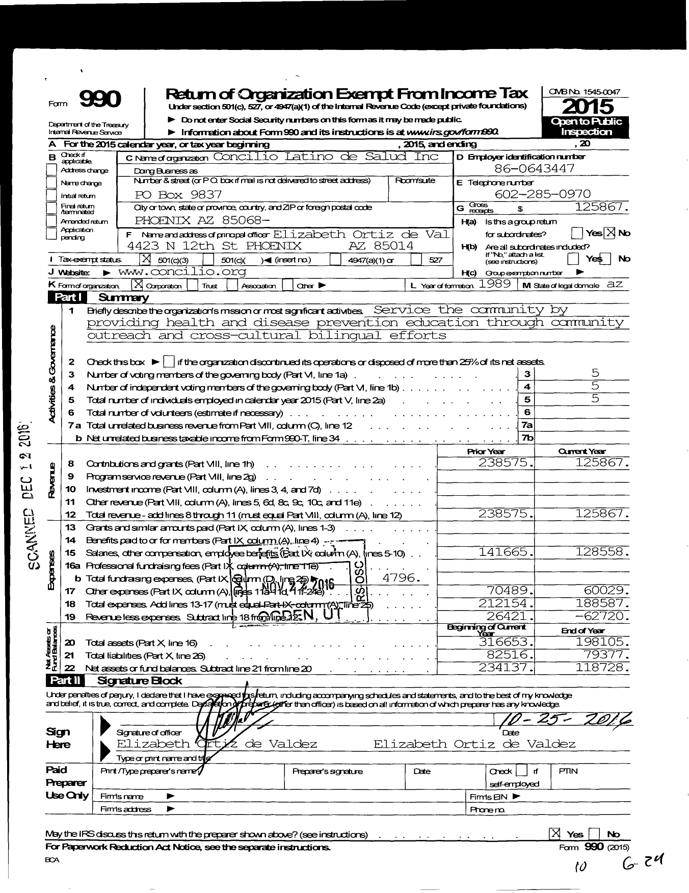 Image of first page of 2015 Form 990 for Concilio Latino de Salud