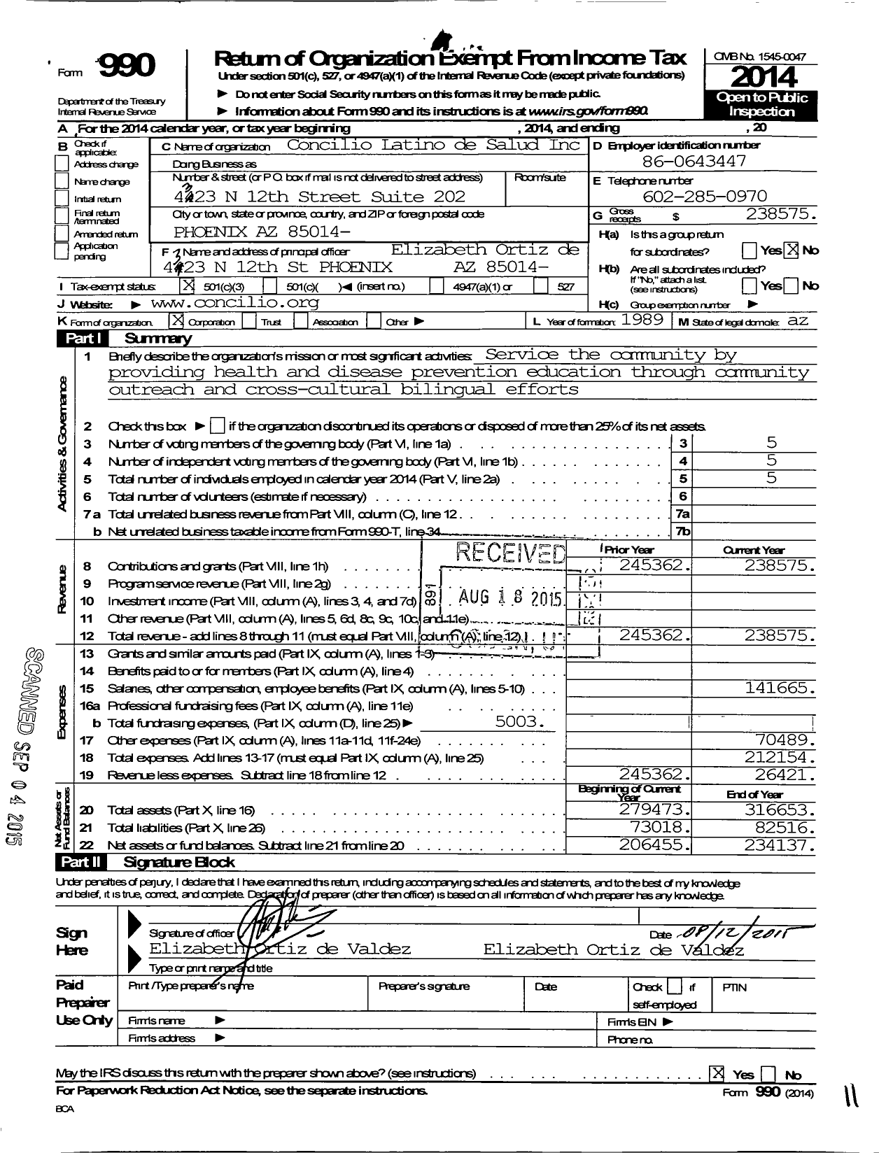 Image of first page of 2014 Form 990 for Concilio Latino de Salud