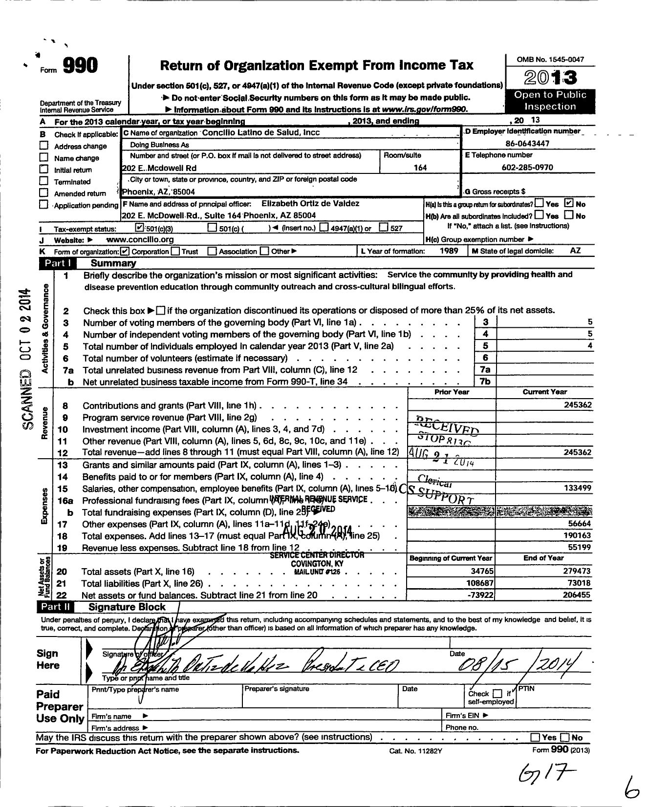 Image of first page of 2013 Form 990 for Concilio Latino de Salud