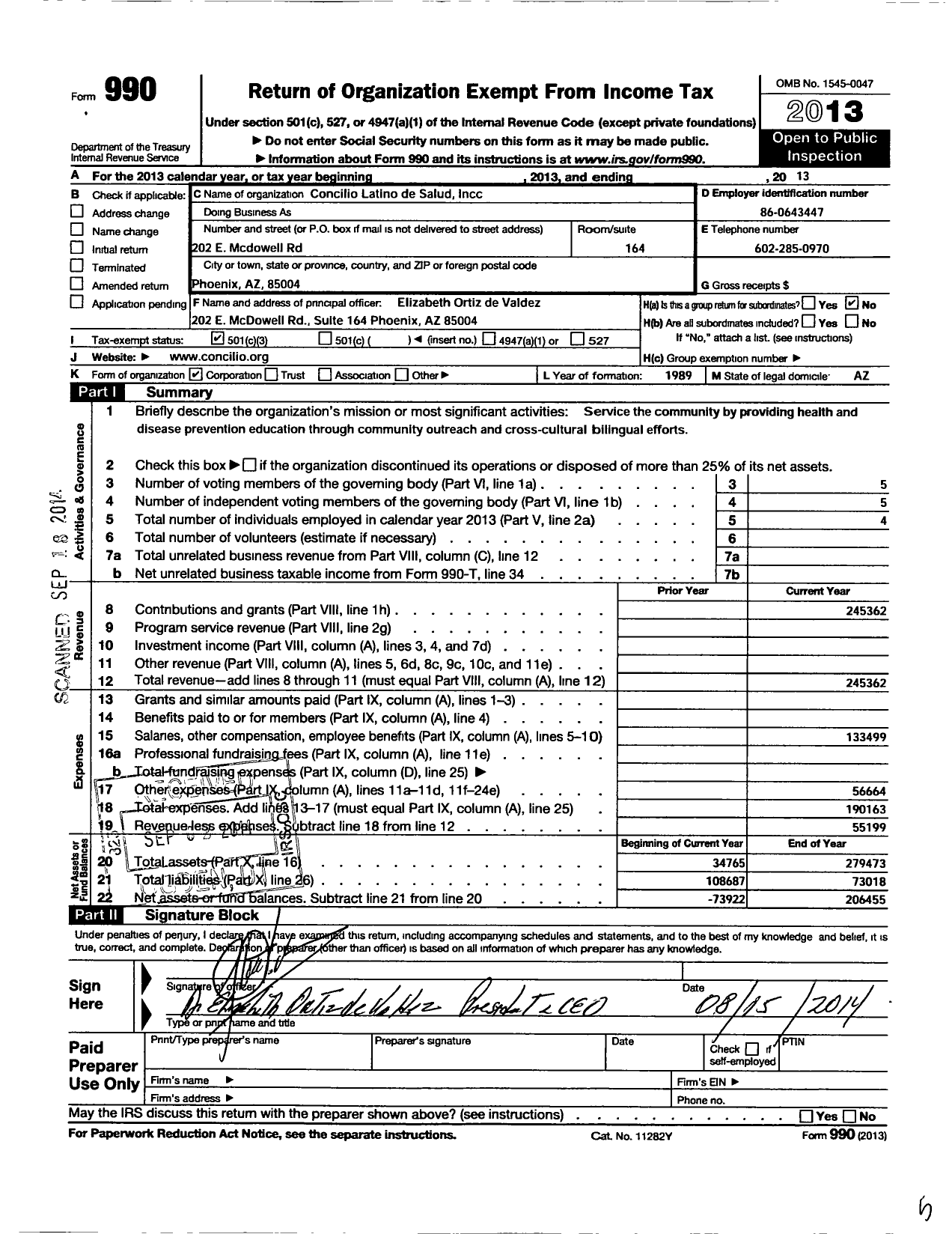 Image of first page of 2013 Form 990 for Concilio Latino de Salud