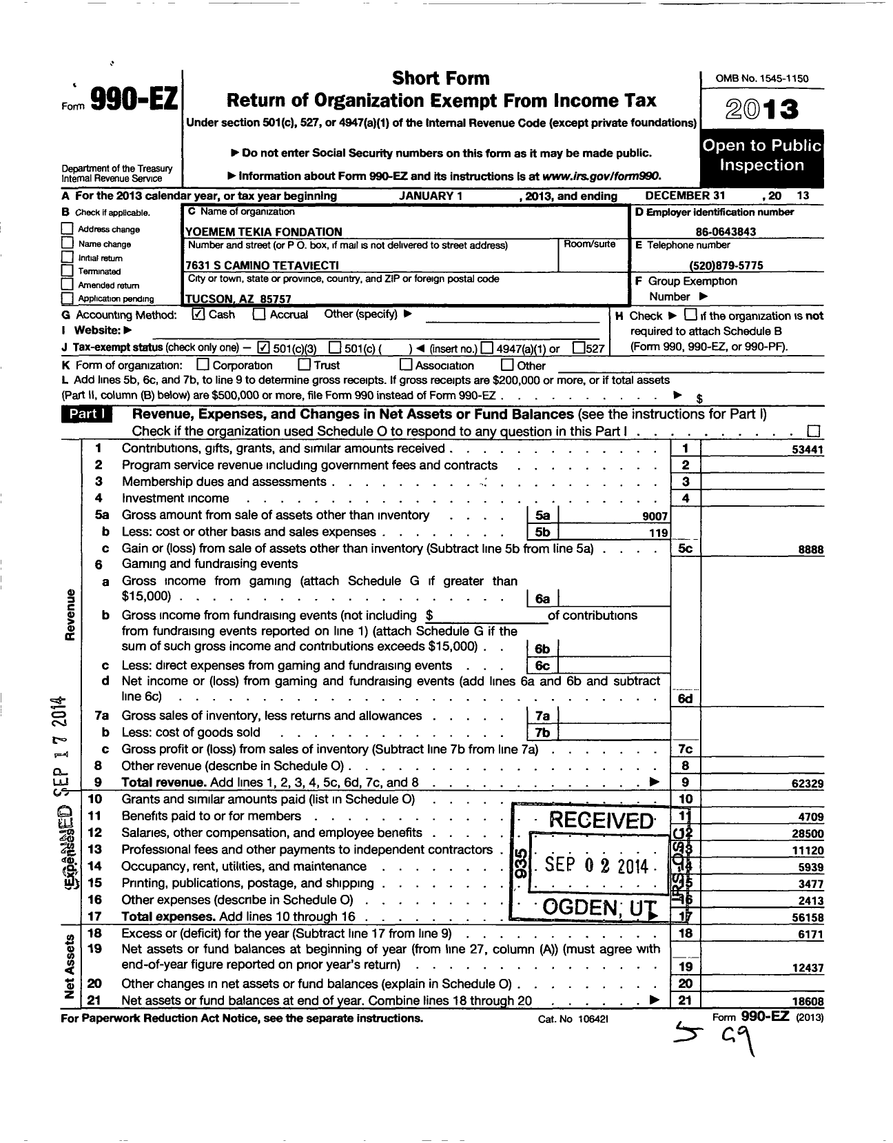 Image of first page of 2013 Form 990EZ for Yoemem Tekia Foundation