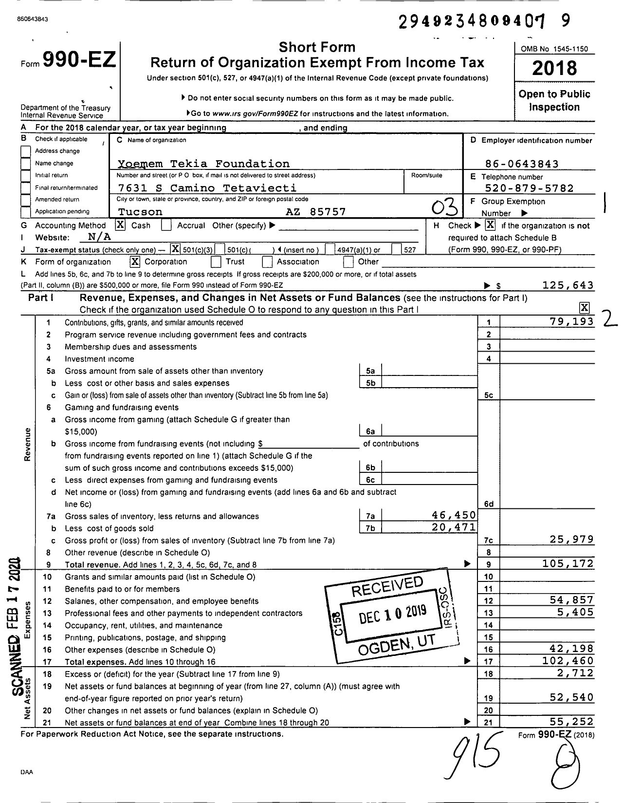 Image of first page of 2018 Form 990EZ for Yoemem Tekia Foundation