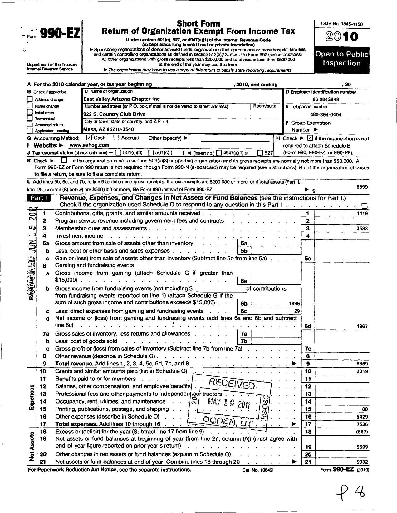 Image of first page of 2010 Form 990EO for East Valley Arizona Chapter