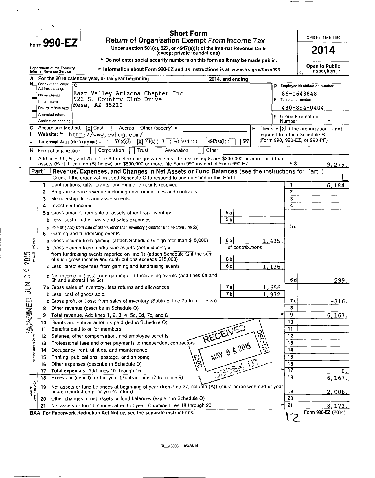 Image of first page of 2014 Form 990EO for East Valley Arizona Chapter