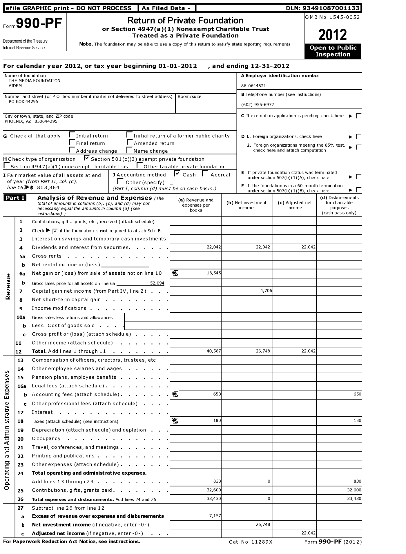 Image of first page of 2012 Form 990PF for The Media Foundation Aidem