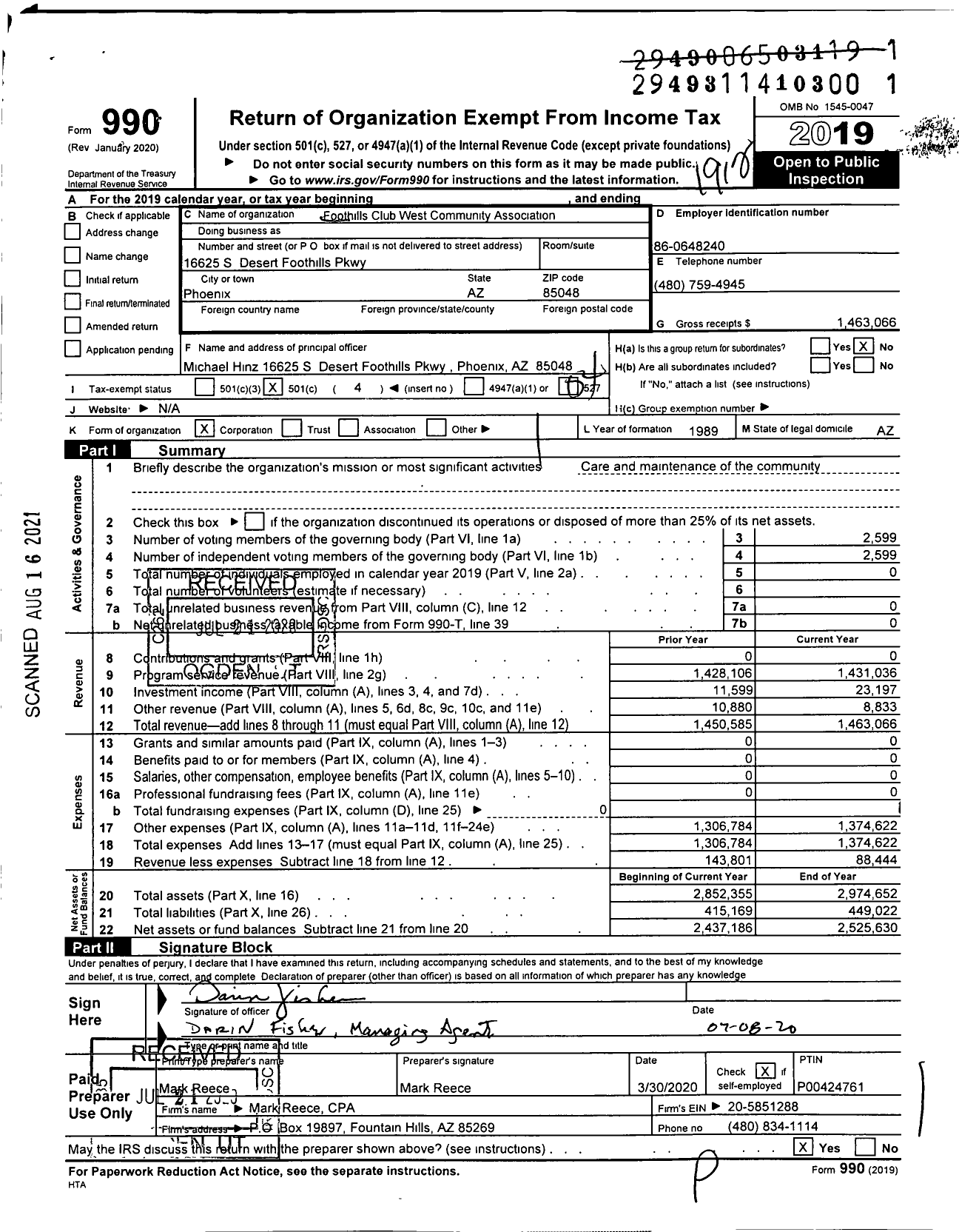 Image of first page of 2019 Form 990O for Foothills Club West Community Association