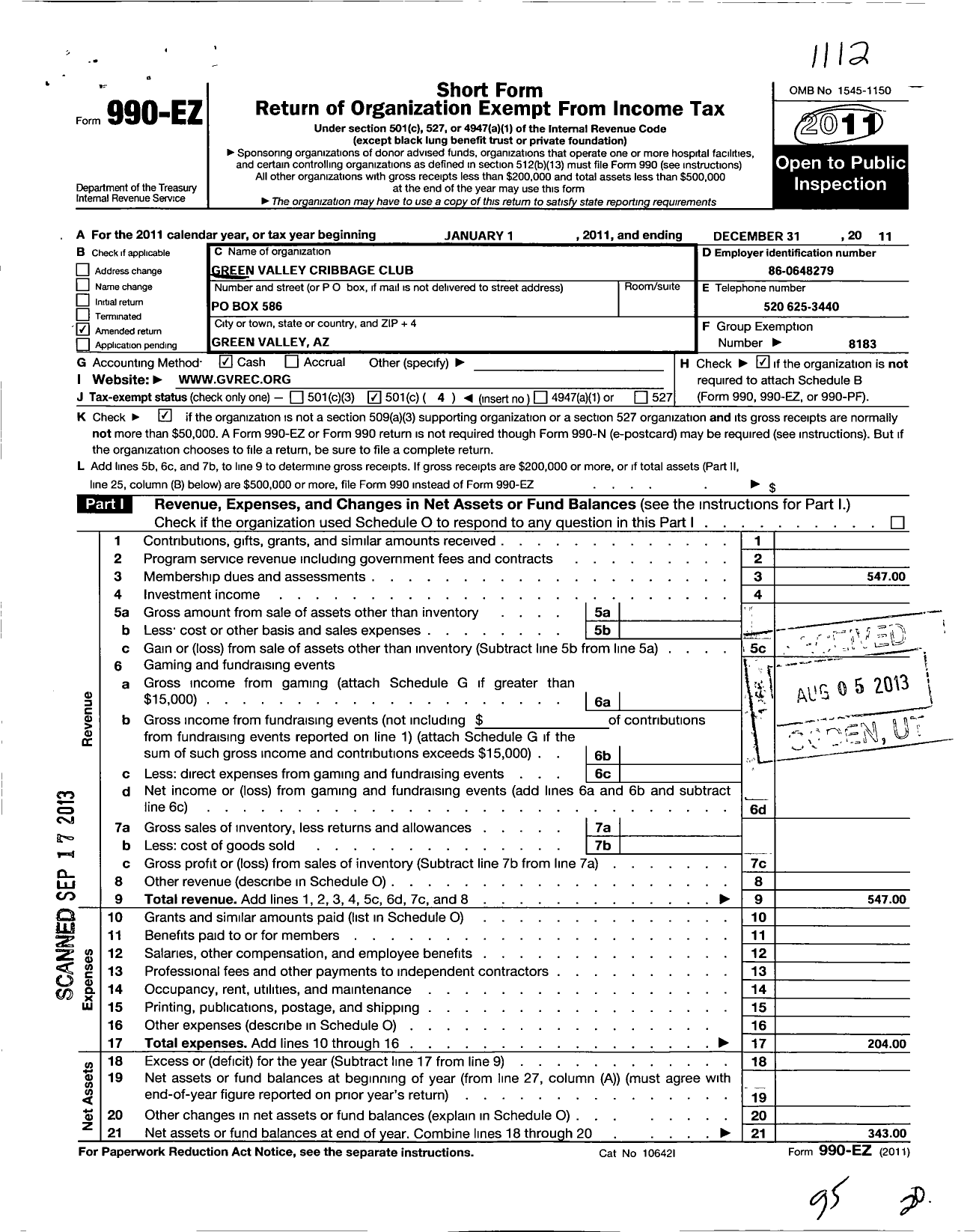 Image of first page of 2011 Form 990EO for Green Valley Recreation Incorporated / GVR Cribbage Club