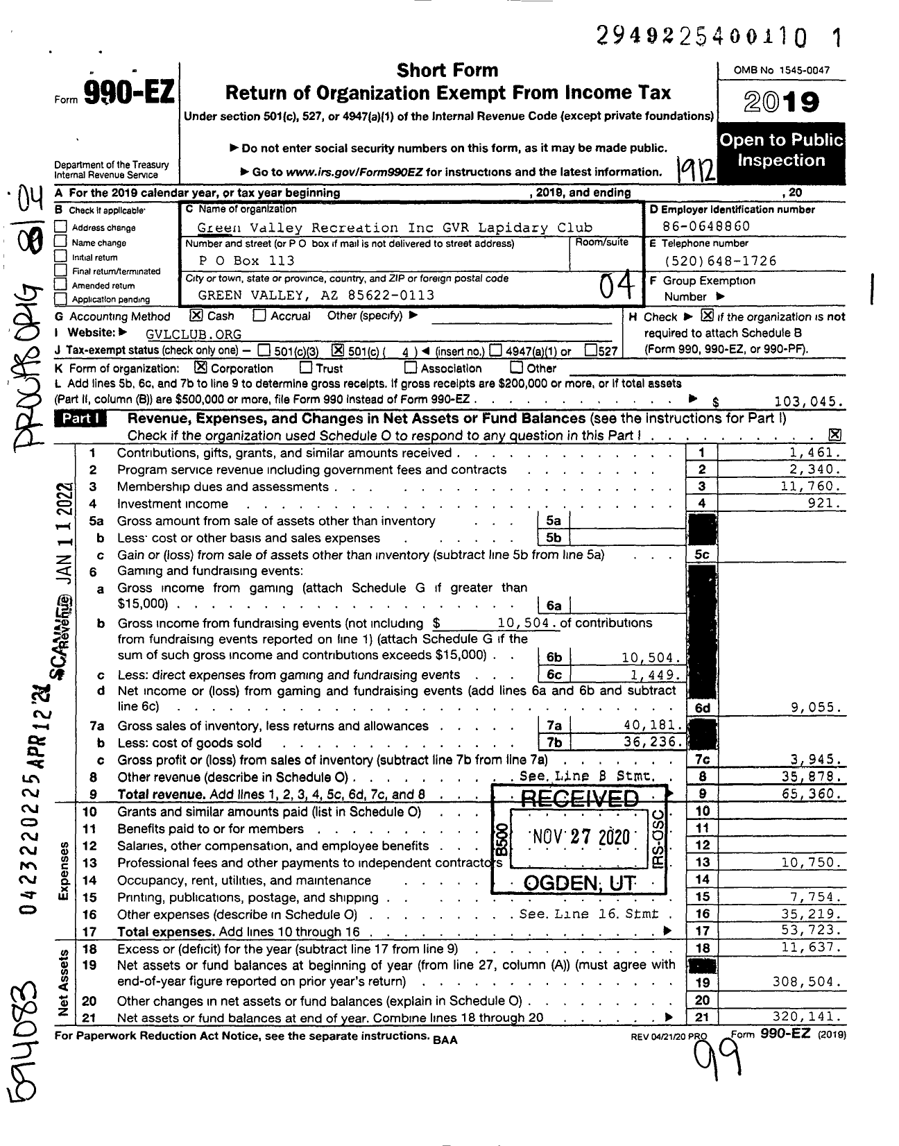 Image of first page of 2019 Form 990EO for Green Valley Recreation Inc GVR Lapidary Club