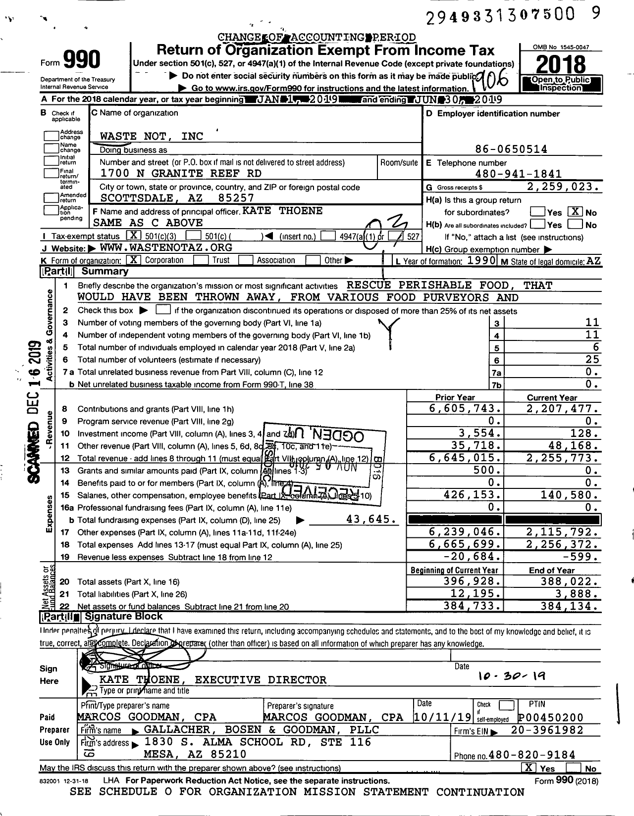 Image of first page of 2018 Form 990 for Waste Not