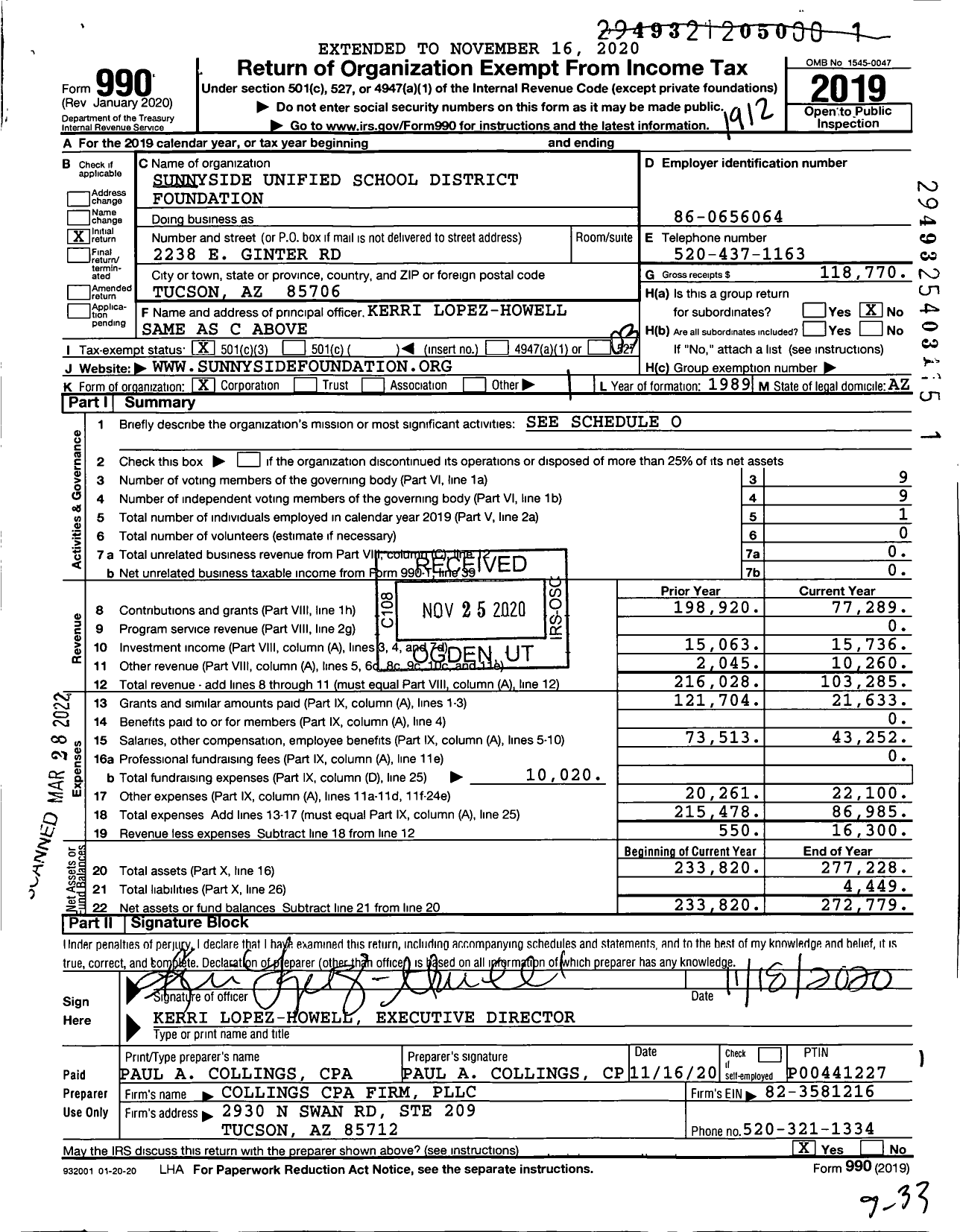 Image of first page of 2019 Form 990 for Sunnyside Unified School District Foundation