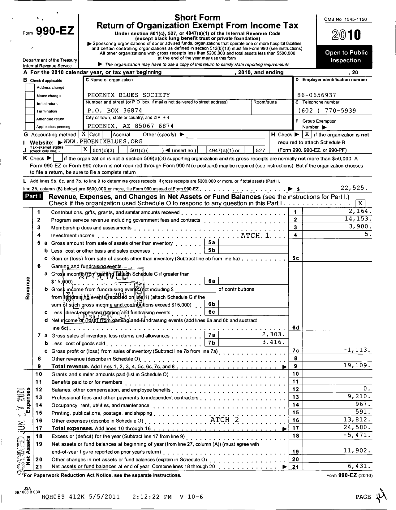 Image of first page of 2010 Form 990EZ for Phoenix Blues Society