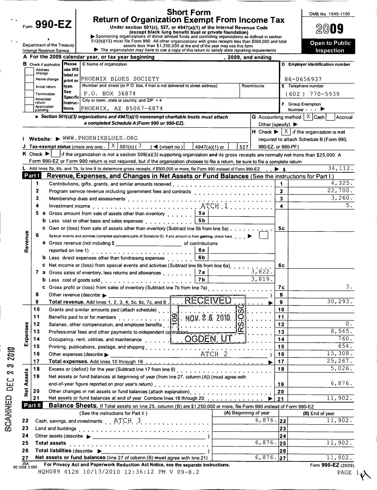 Image of first page of 2009 Form 990EZ for Phoenix Blues Society