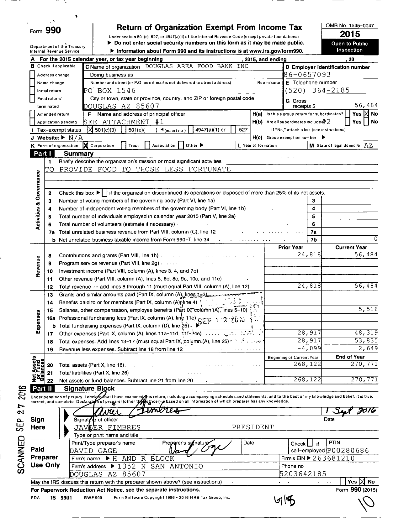 Image of first page of 2015 Form 990 for Douglas Area Food Bank