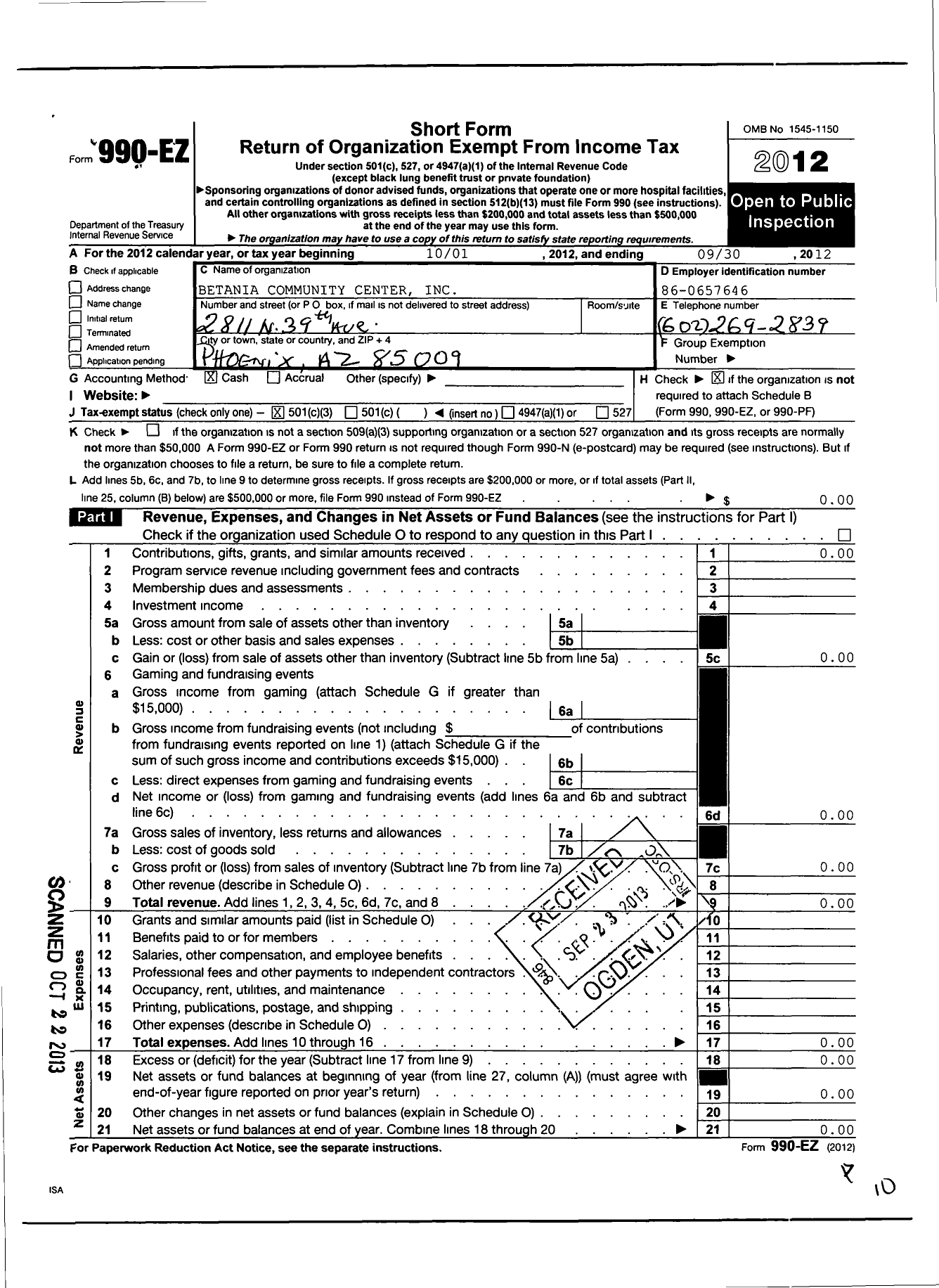 Image of first page of 2011 Form 990EZ for Betania Community Center