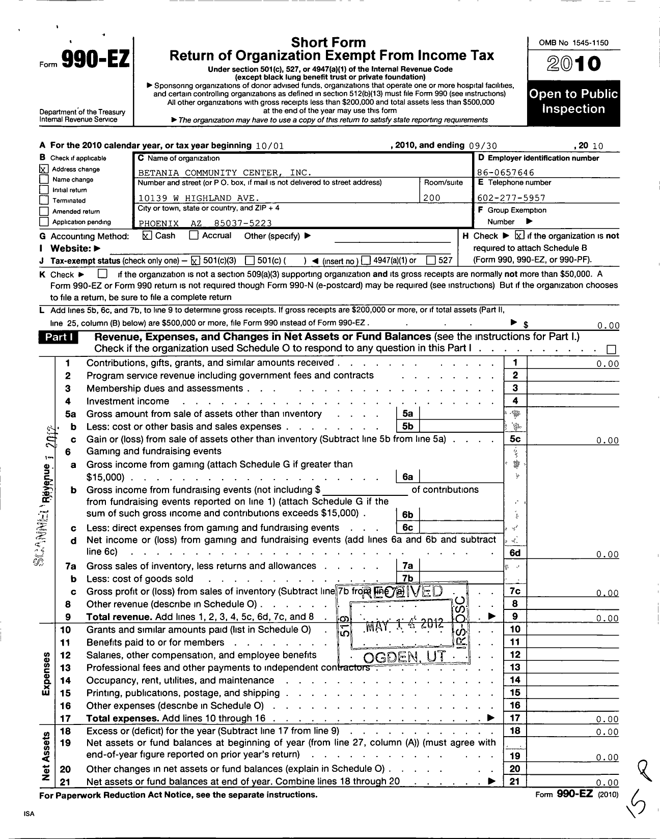 Image of first page of 2009 Form 990EZ for Betania Community Center