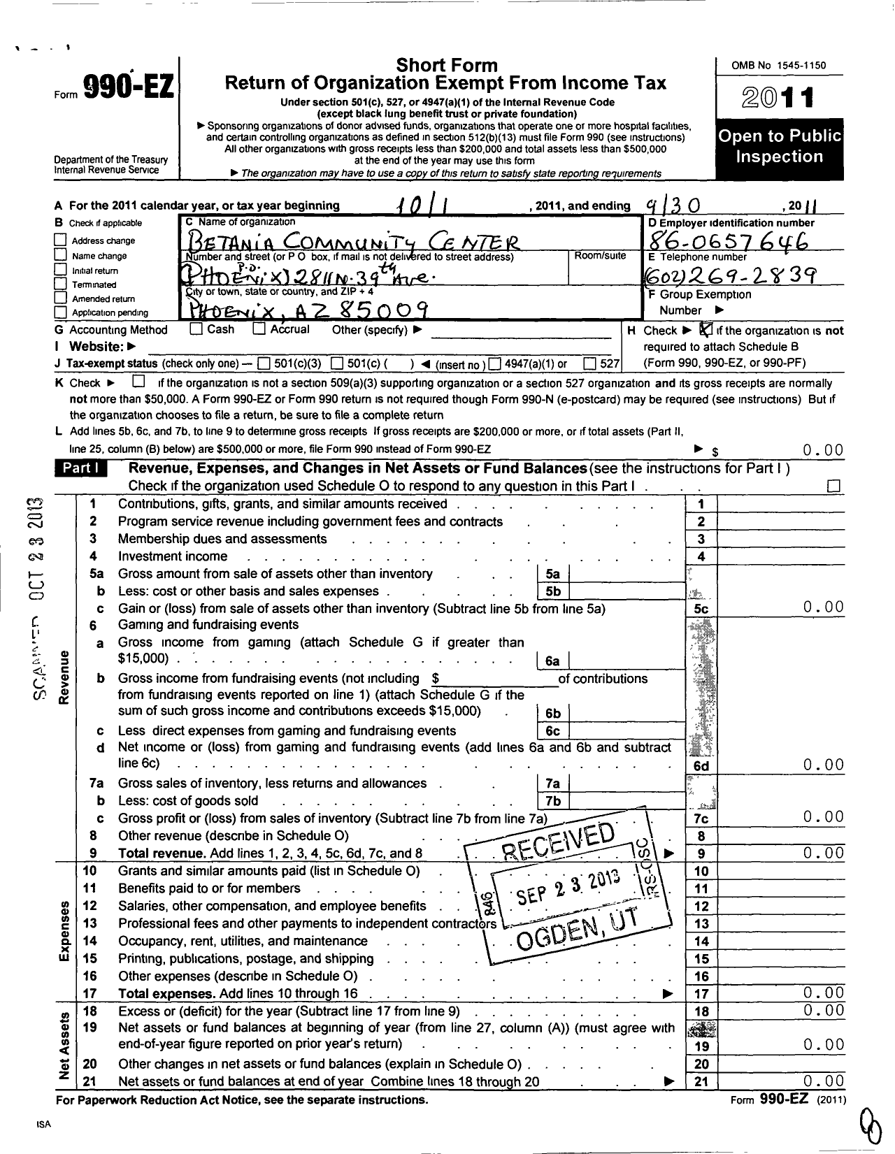 Image of first page of 2010 Form 990EO for Betania Community Center