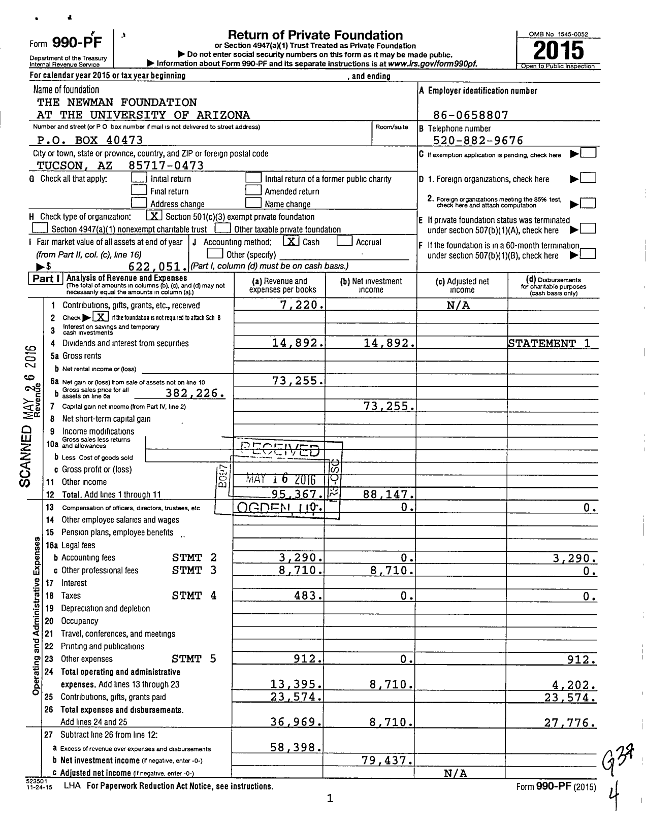 Image of first page of 2015 Form 990PF for The Newman Foundation at the University of Arizona