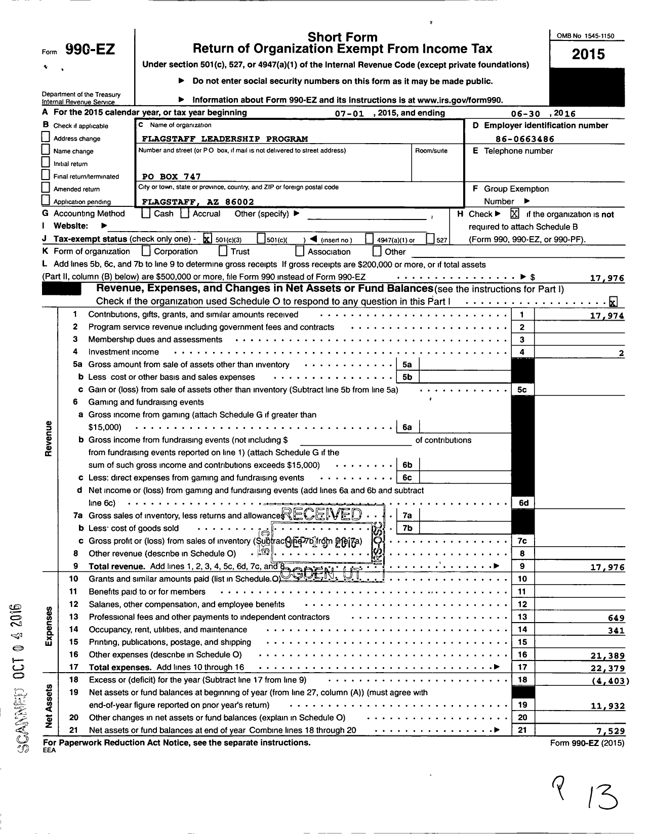 Image of first page of 2015 Form 990EZ for Flagstaff Leadership Program