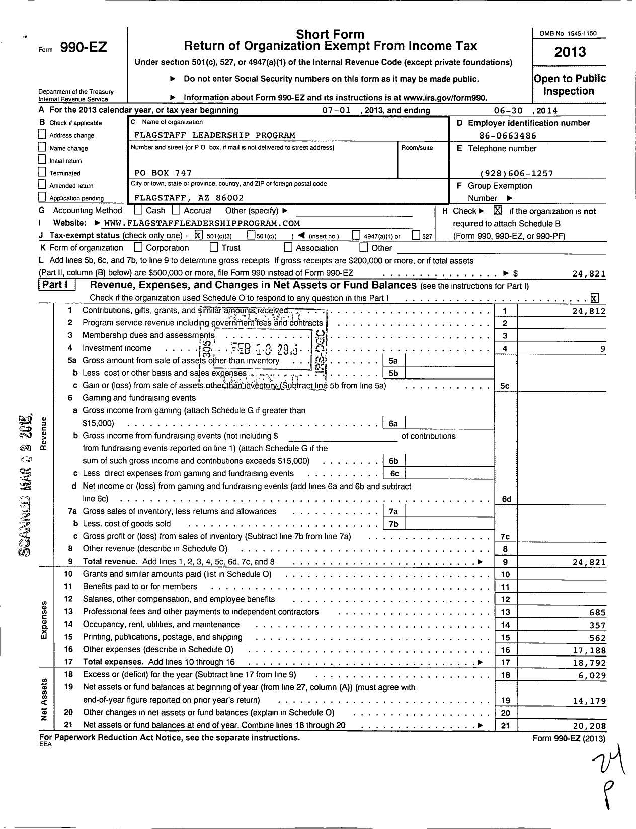 Image of first page of 2013 Form 990EZ for Flagstaff Leadership Program