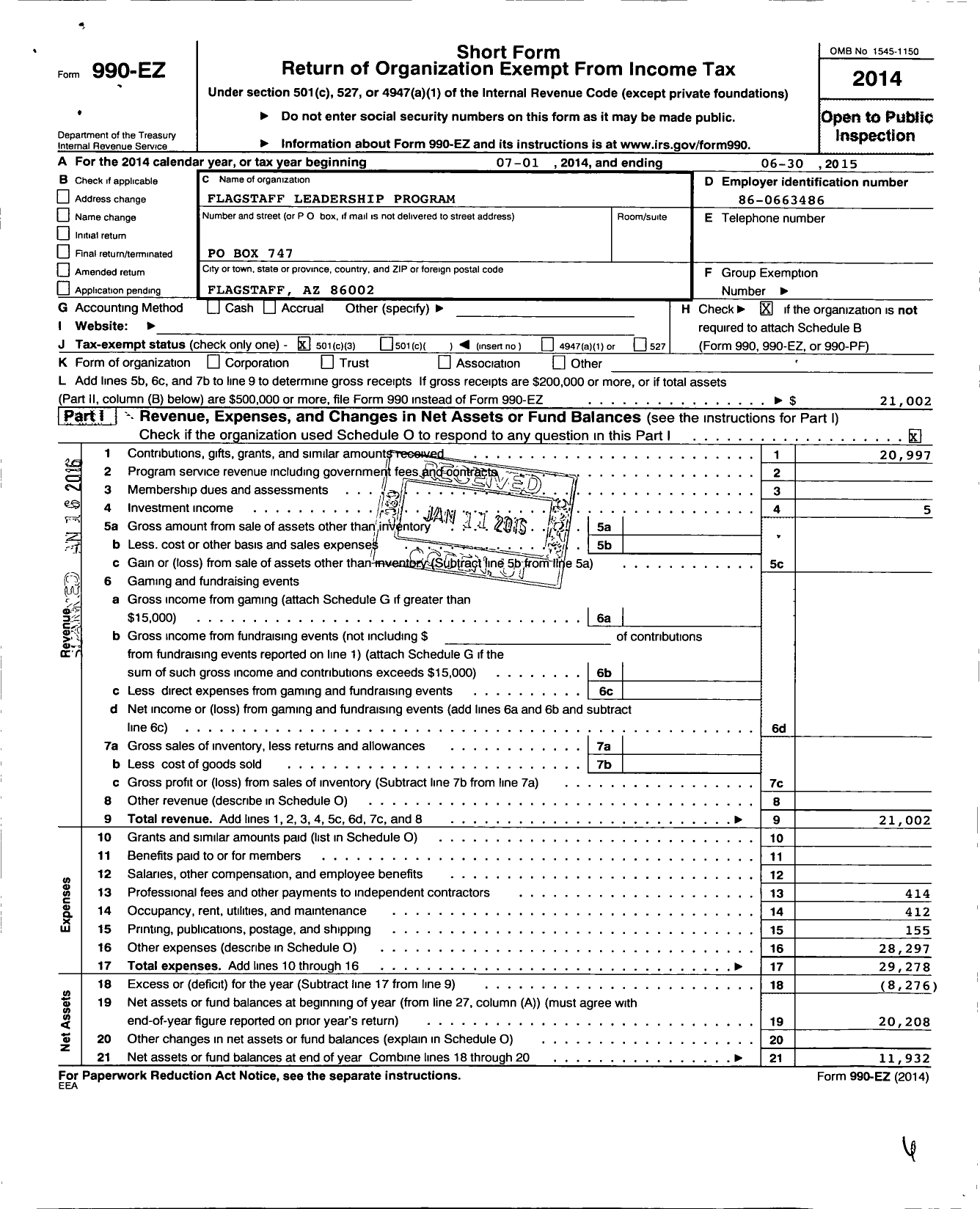 Image of first page of 2014 Form 990EZ for Flagstaff Leadership Program