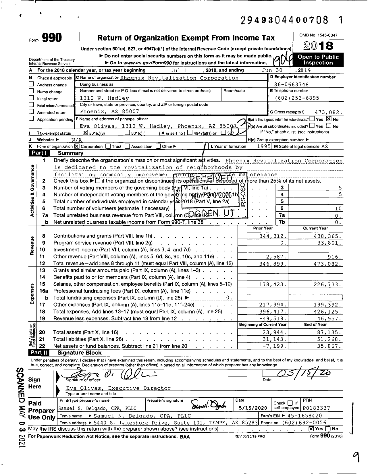 Image of first page of 2018 Form 990 for Phoenix Revitalization Corporation