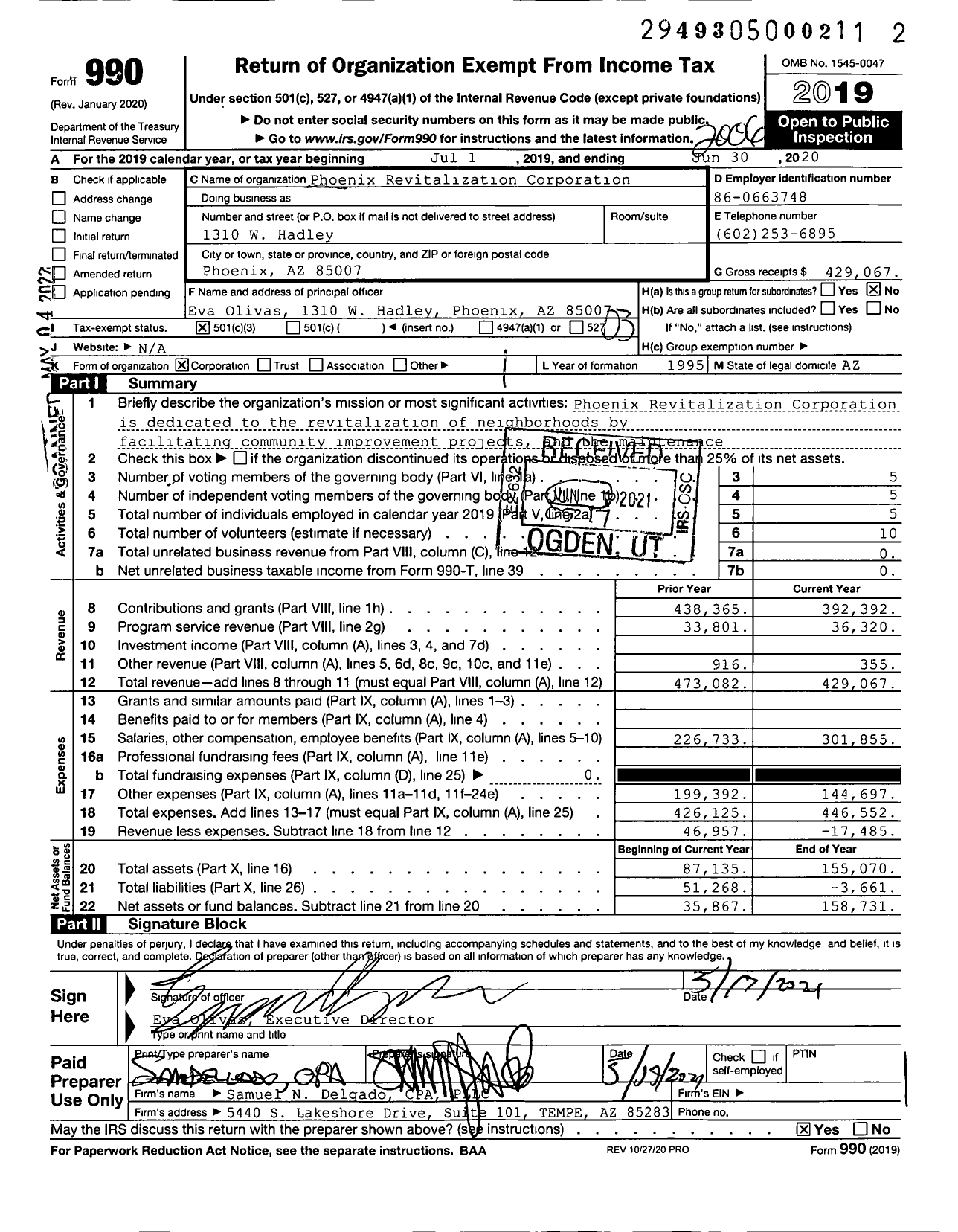 Image of first page of 2019 Form 990 for Phoenix Revitalization Corporation