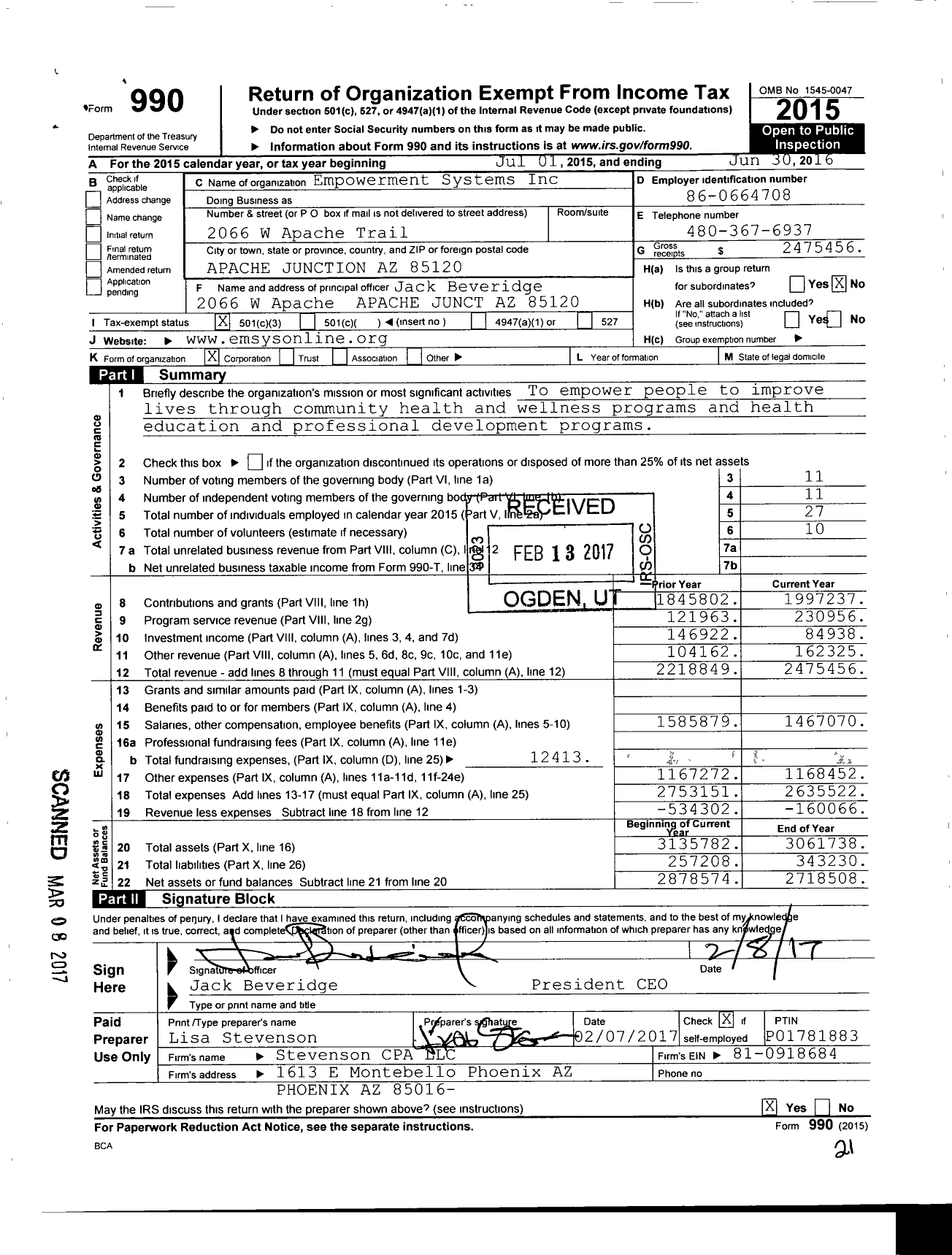 Image of first page of 2015 Form 990 for Empowerment Systems