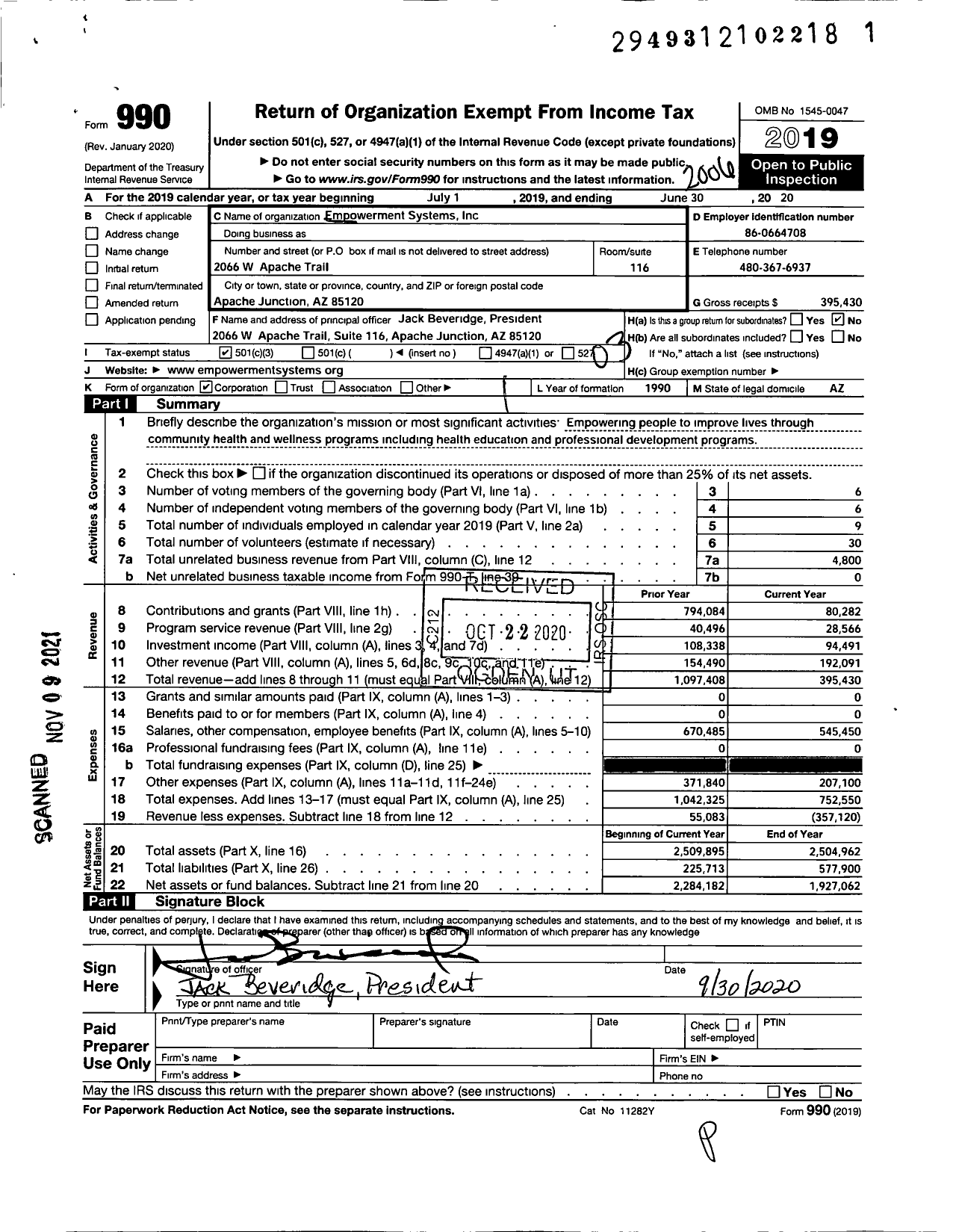 Image of first page of 2019 Form 990 for Empowerment Systems