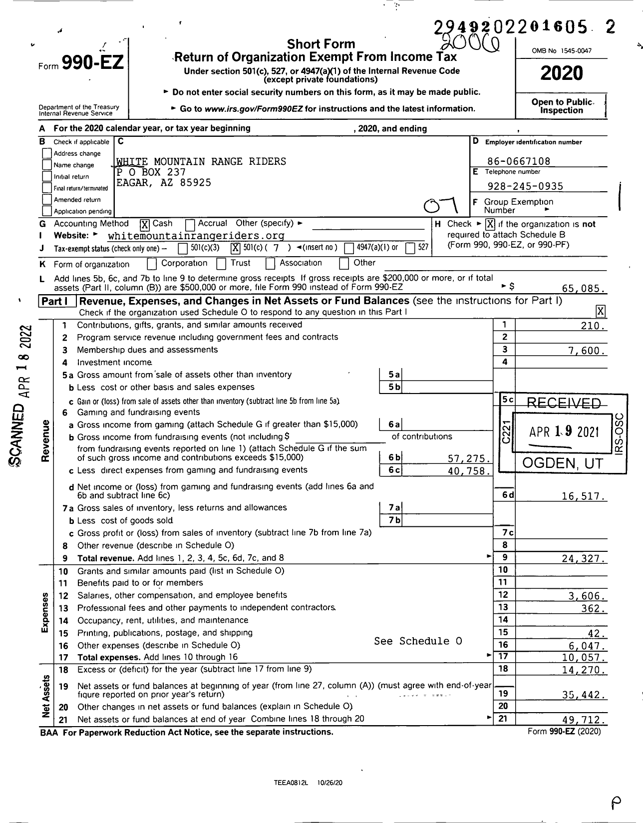 Image of first page of 2019 Form 990EO for White Mountain Range Riders