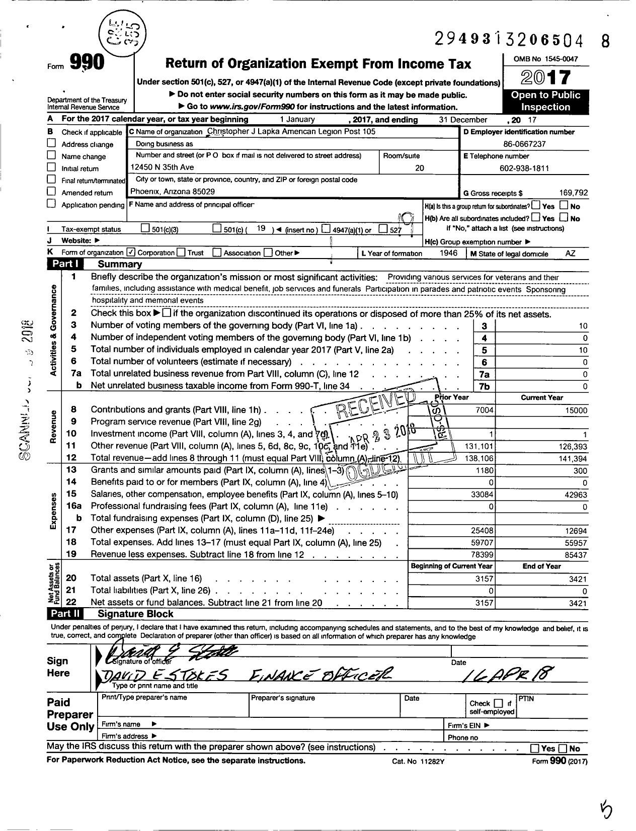 Image of first page of 2017 Form 990O for American Legion - 105 Christopher J Lapka