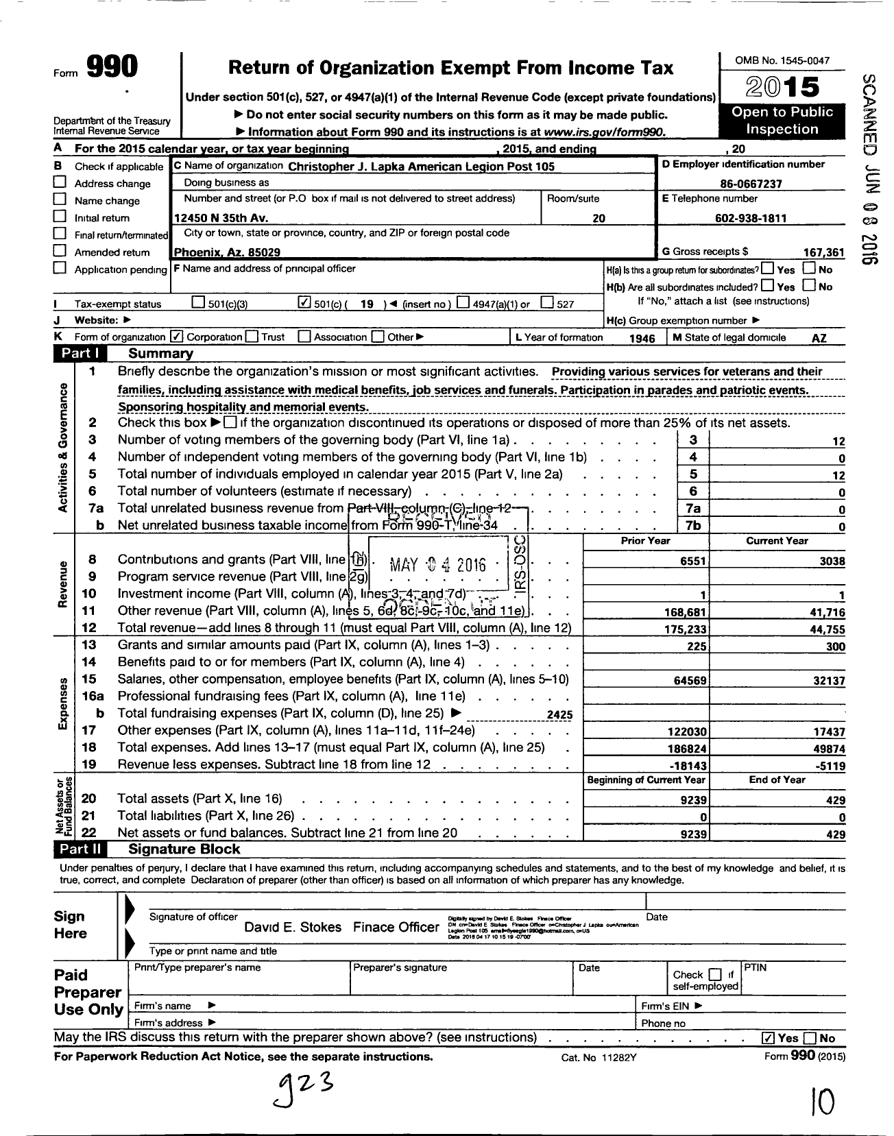 Image of first page of 2015 Form 990O for American Legion - 105 Christopher J Lapka