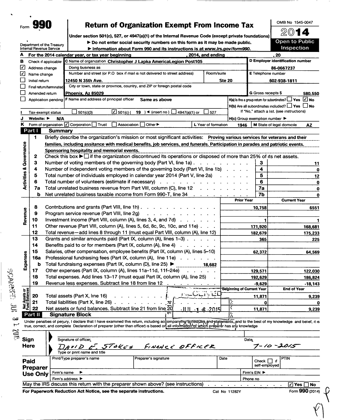 Image of first page of 2014 Form 990O for American Legion - 105 Christopher J Lapka