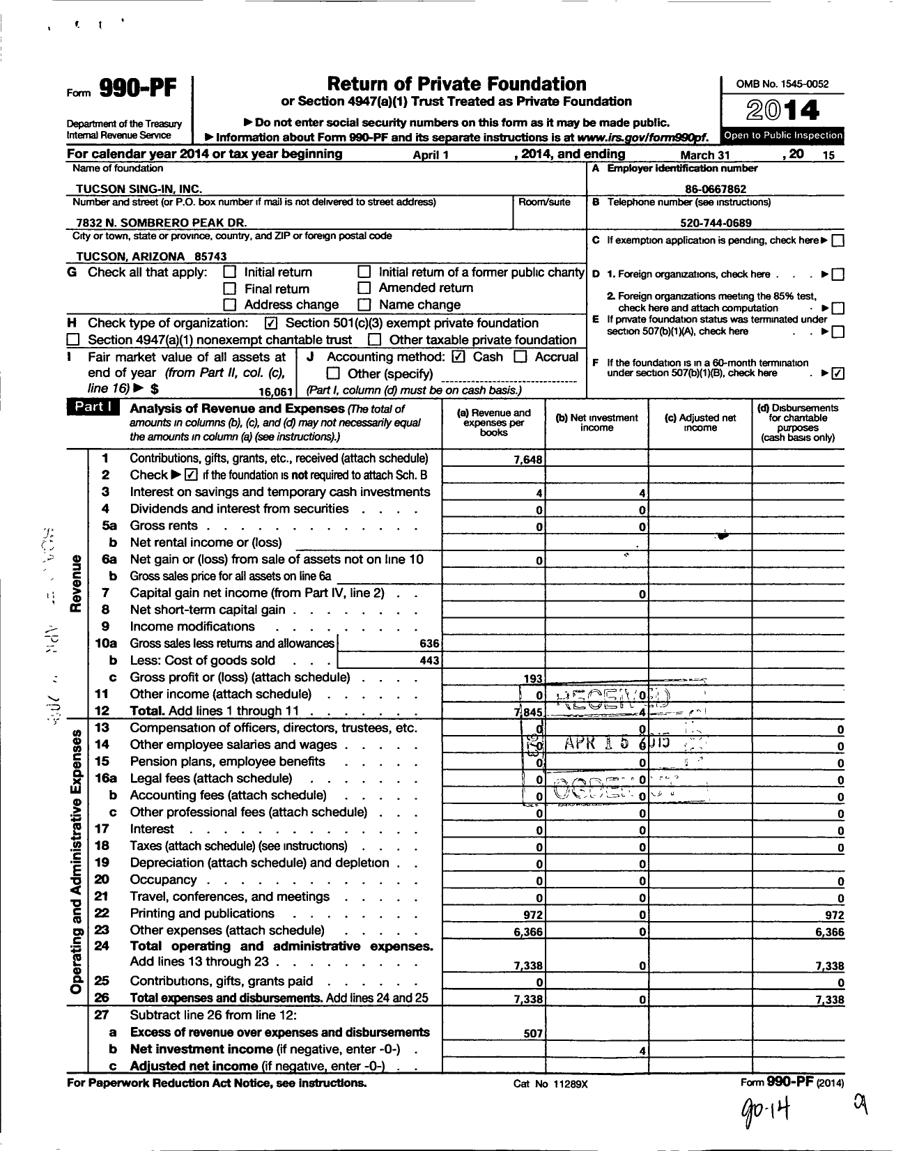 Image of first page of 2014 Form 990PF for Tucson Sing-In Incorporated