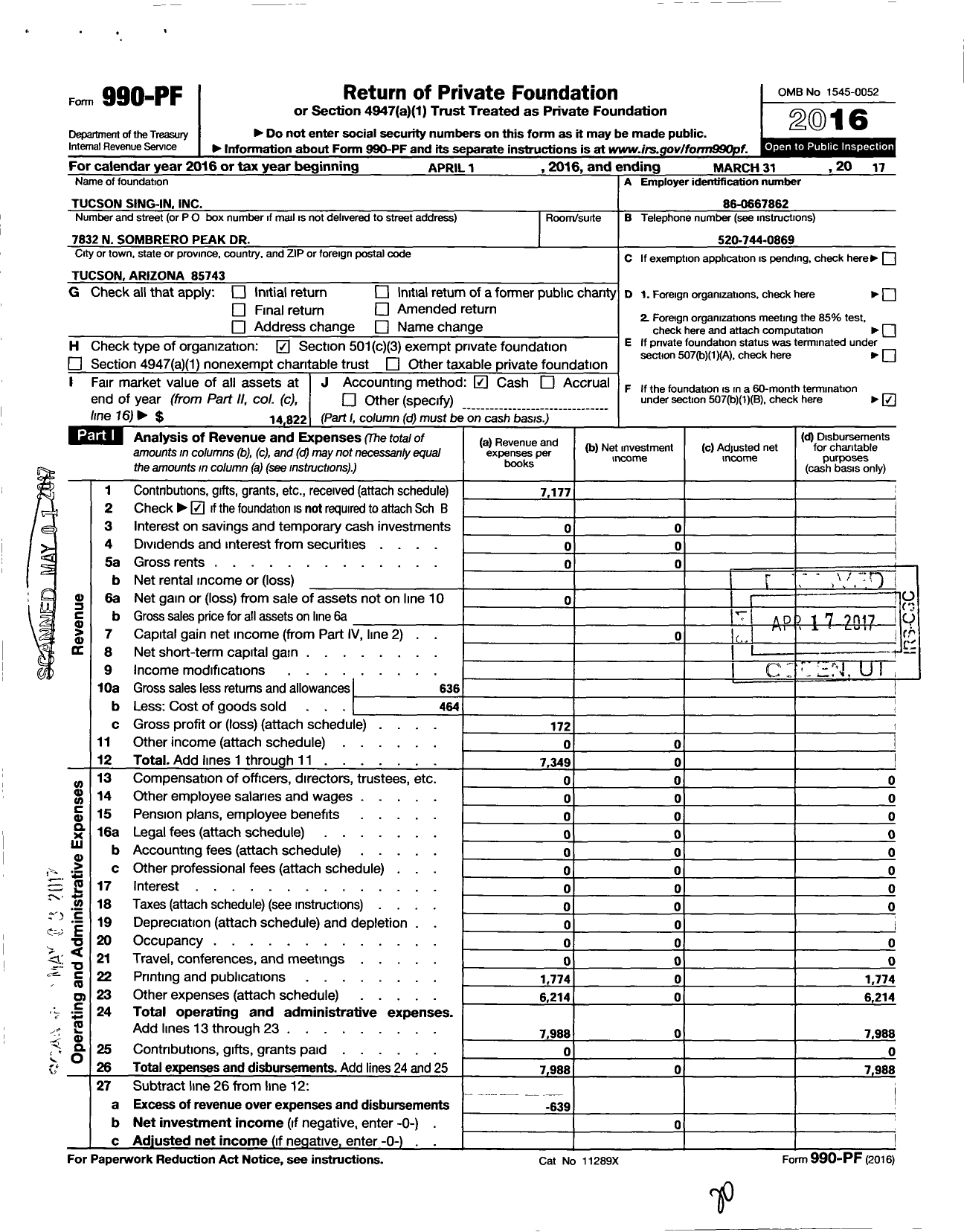 Image of first page of 2016 Form 990PF for Tucson Sing-In Incorporated