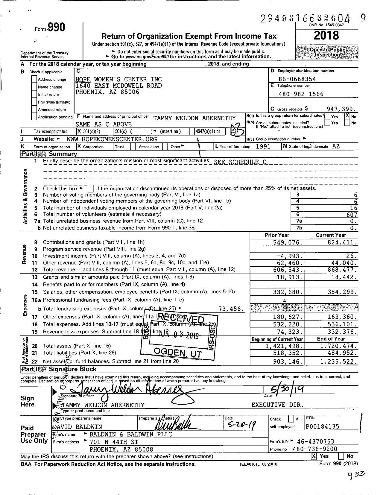 Image of first page of 2018 Form 990 for Hope Womens Center