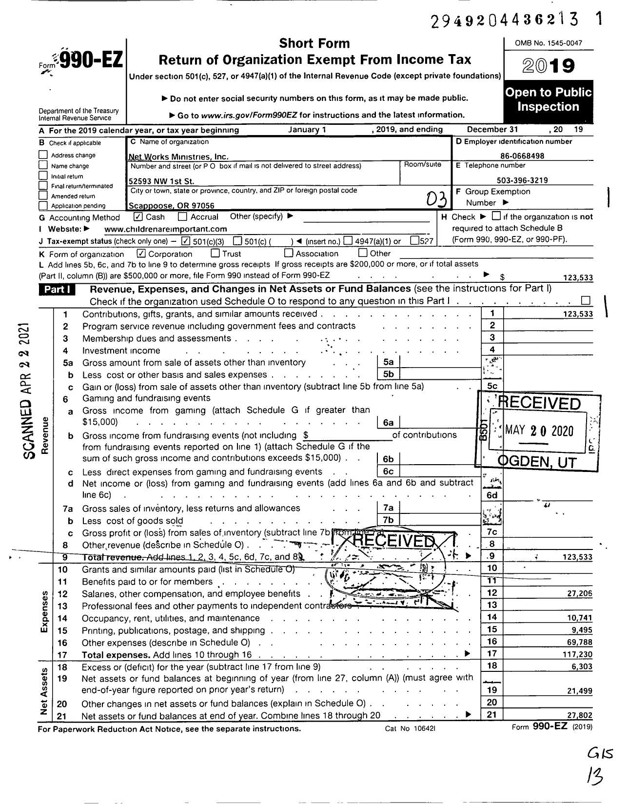 Image of first page of 2019 Form 990EZ for Net Works Ministries