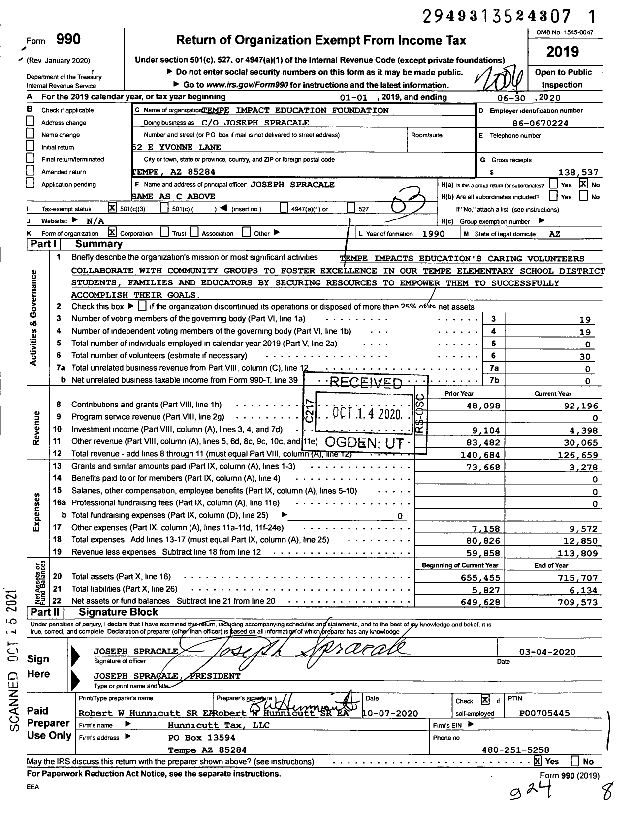 Image of first page of 2019 Form 990 for Tempe Impacts Education Foundation