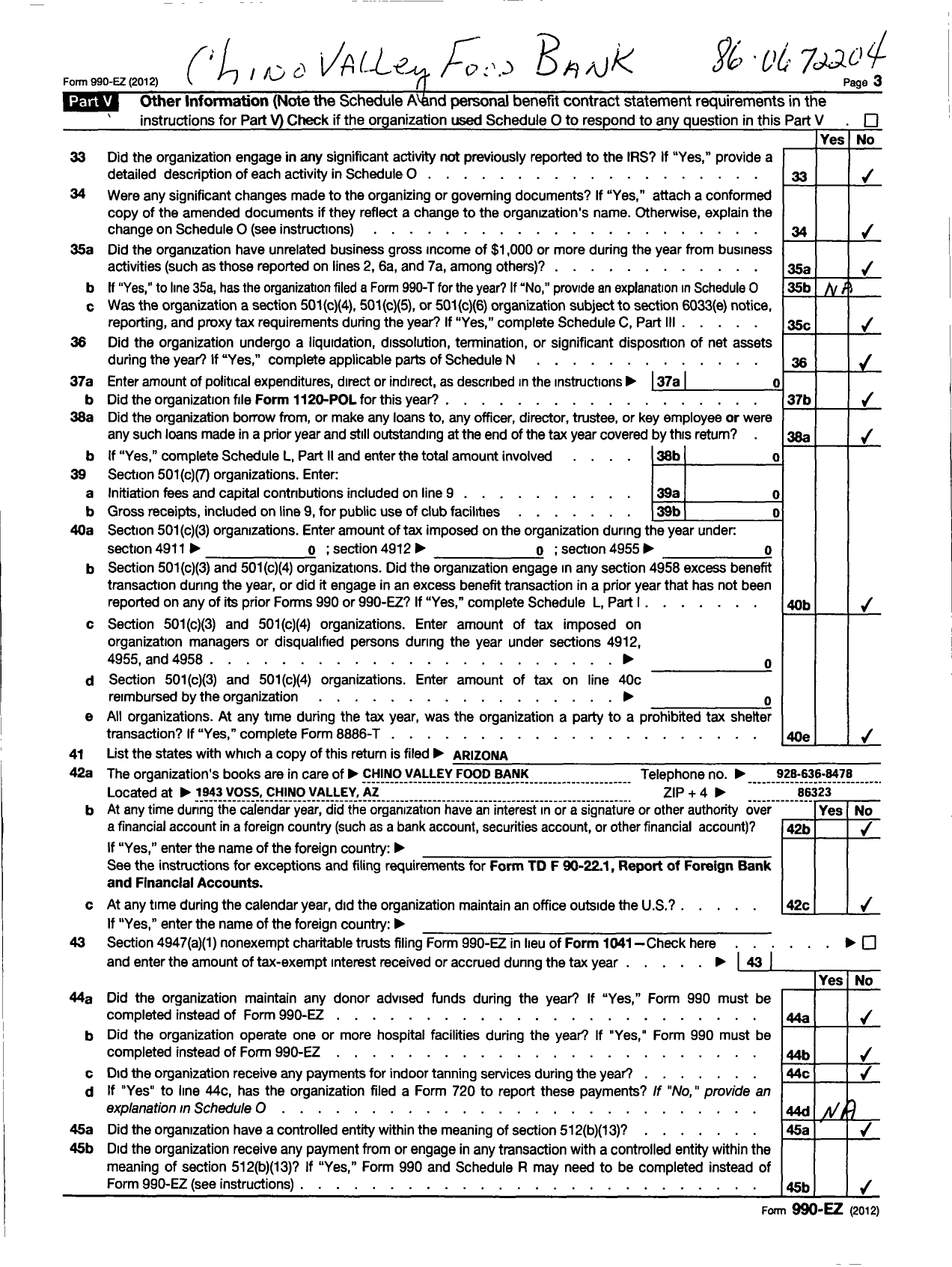 Image of first page of 2012 Form 990EO for Chino Valley Food Bank