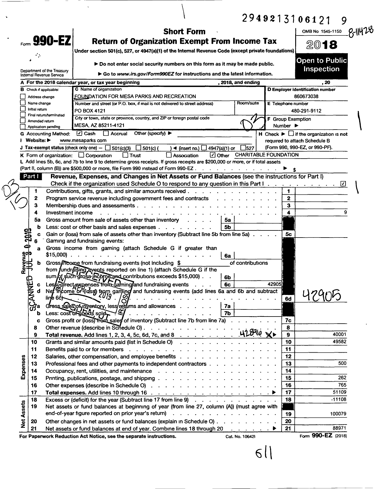 Image of first page of 2018 Form 990EZ for Foundation for Mesa Parks and Recreation