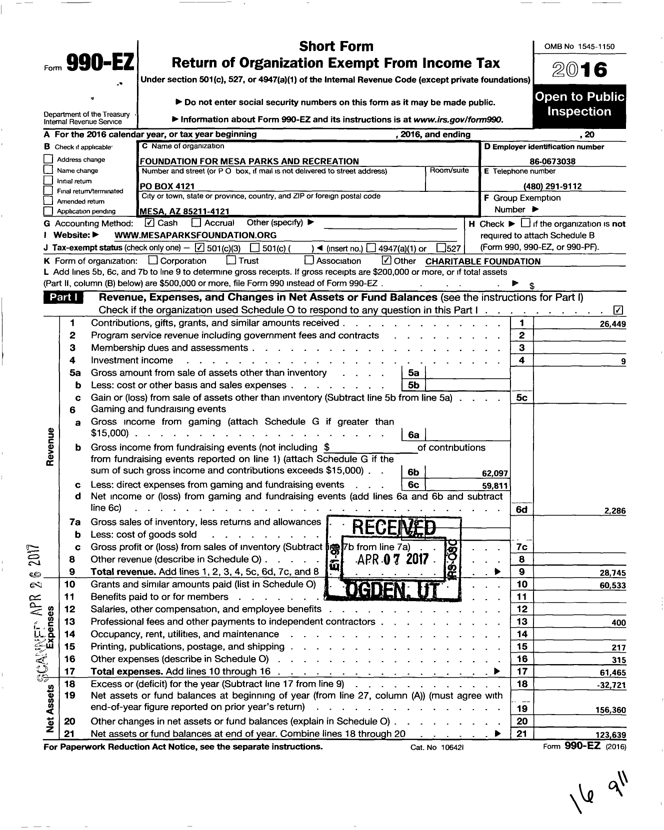 Image of first page of 2016 Form 990EZ for Foundation for Mesa Parks and Recreation