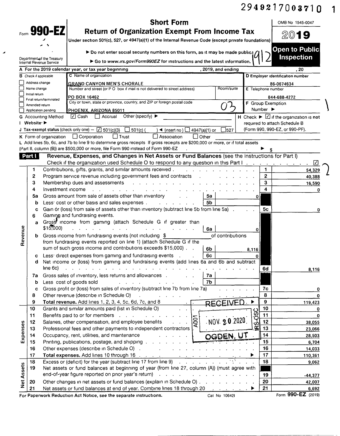 Image of first page of 2019 Form 990EZ for Grand Canyon Mens Chorale