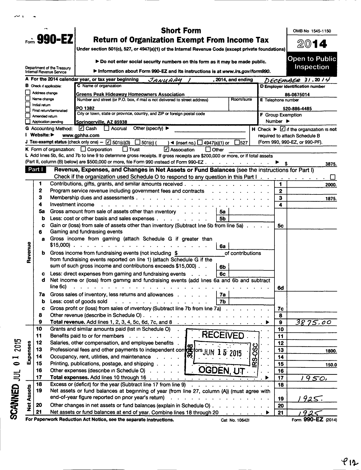 Image of first page of 2014 Form 990EZ for Greens Peak Hideaway Homeowners Association