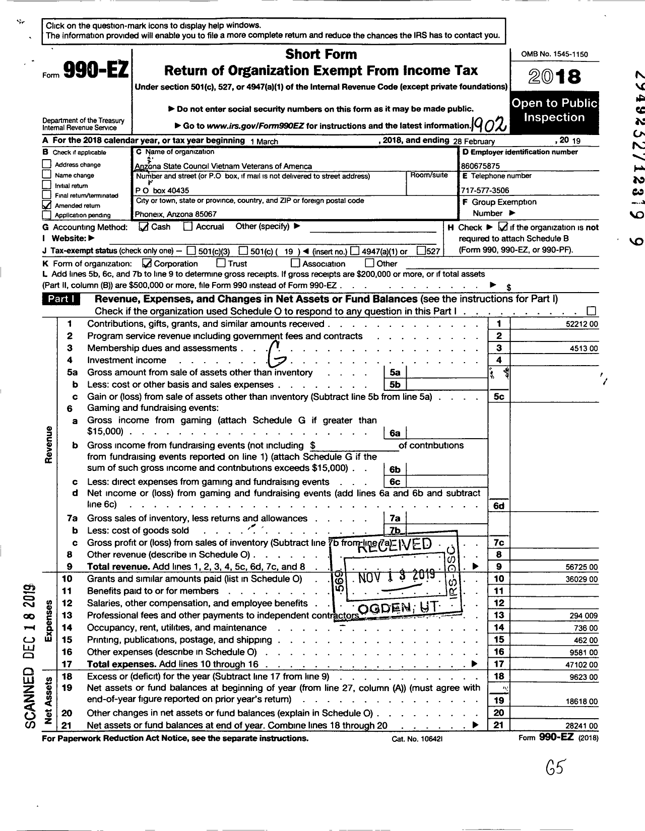 Image of first page of 2018 Form 990EO for Vietnam Veterans of America - 9 Vva Arizona State Council