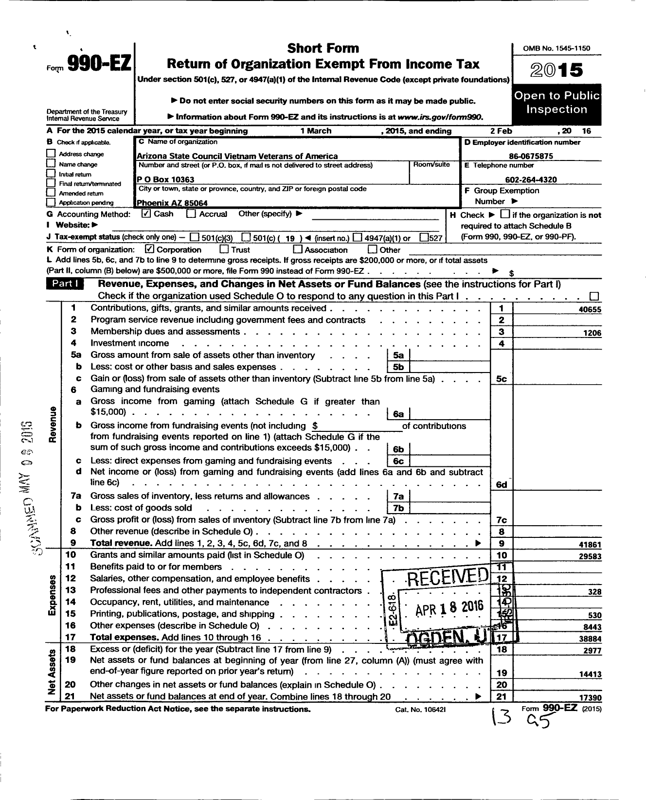 Image of first page of 2015 Form 990EO for Vietnam Veterans of America - 9 Vva Arizona State Council