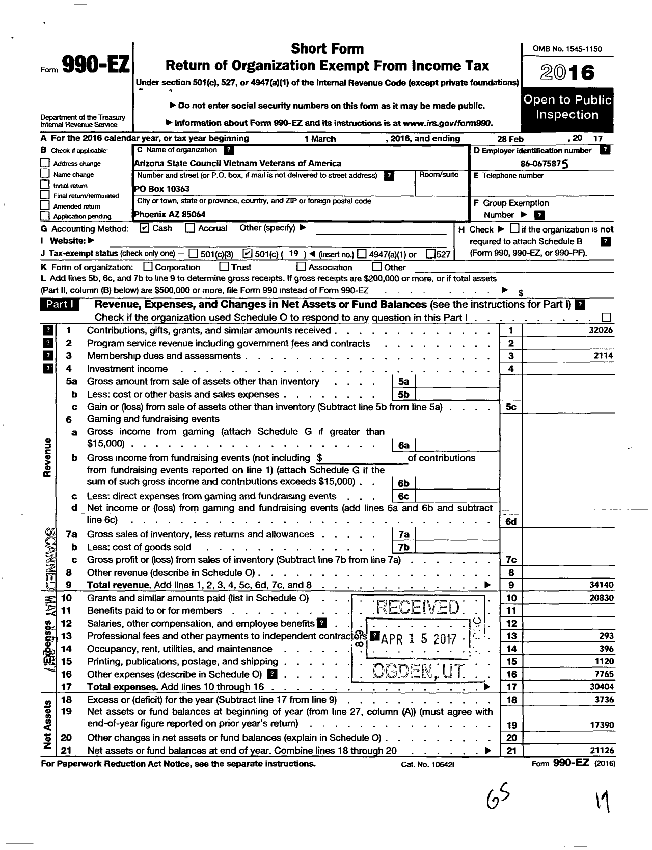 Image of first page of 2016 Form 990EO for Vietnam Veterans of America - 9 Vva Arizona State Council