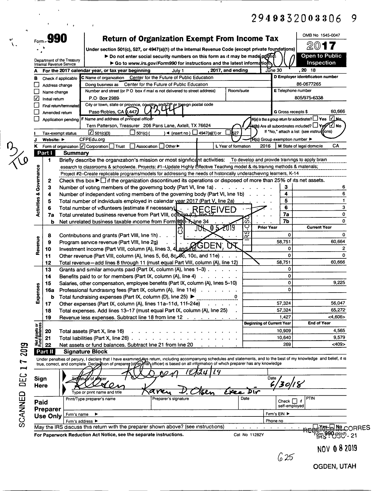 Image of first page of 2017 Form 990 for Center for the Future of Public Education