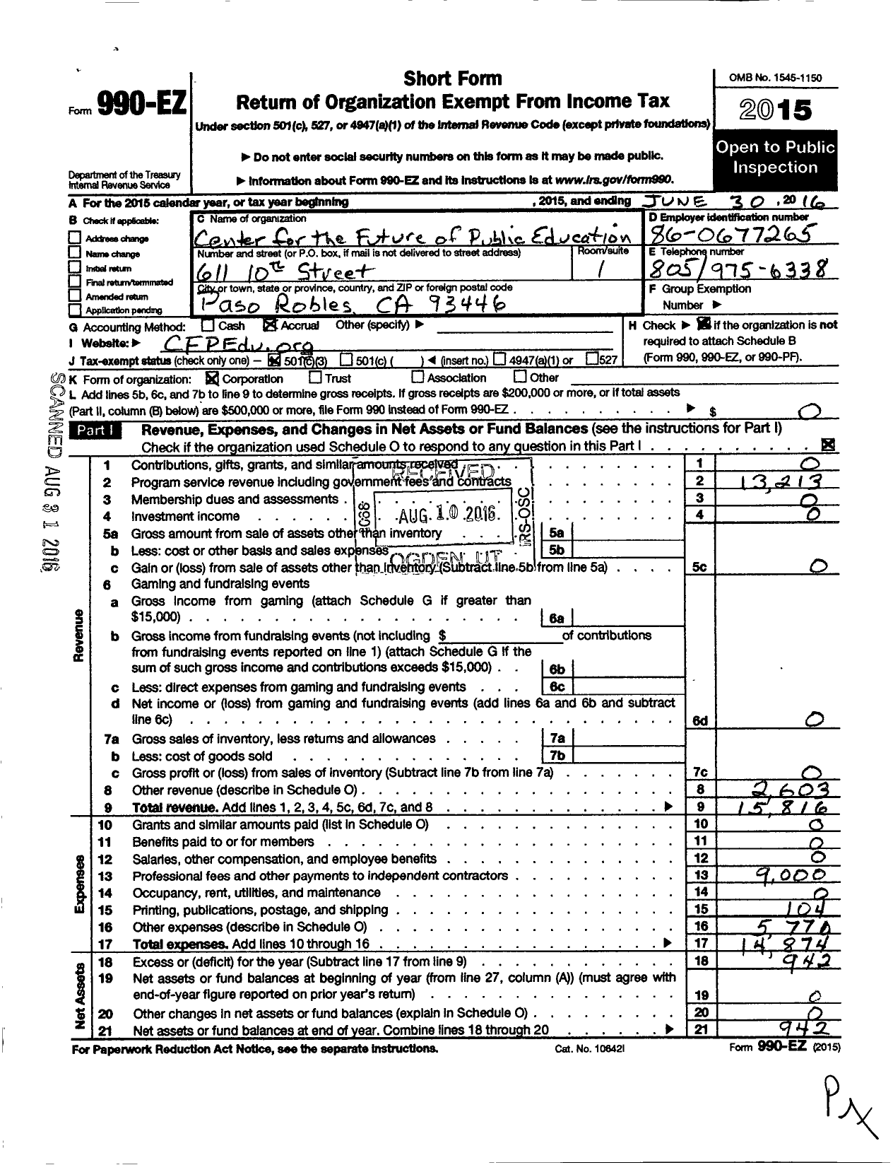 Image of first page of 2015 Form 990EZ for Center for the Future of Public Education